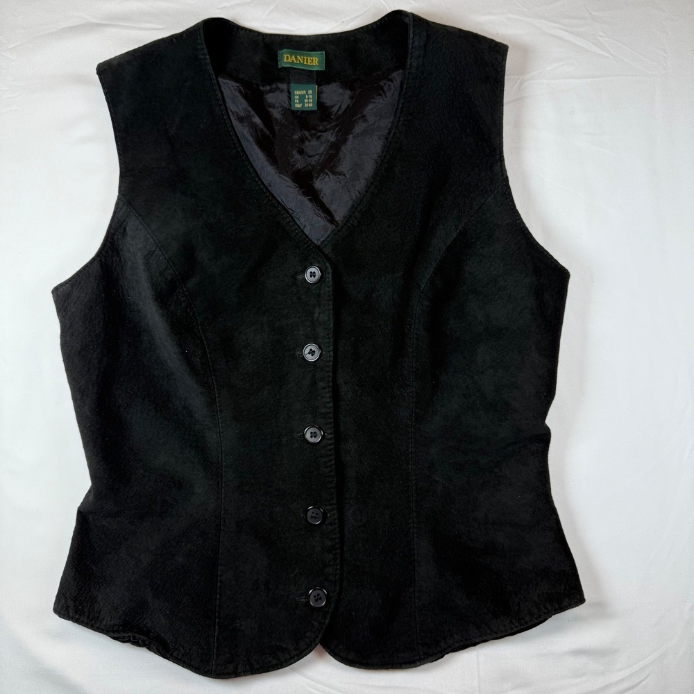 Vintage 90s Danier Suede Leather Vest Womens XS Button Up Sleeveless Black